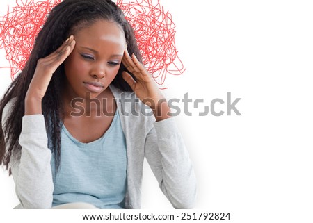 Woman with headache against tangled lines over light bulb