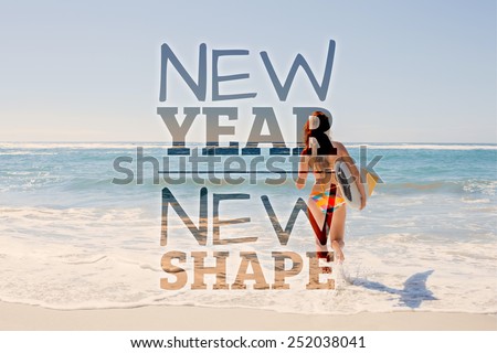 Beautiful surfer girl walking to the sea with her surfboard against new year new shape