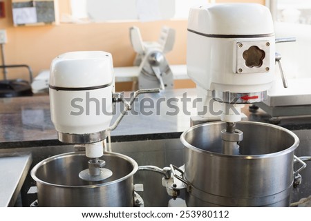 Industrial mixers on counter in the kitchen of the bakery