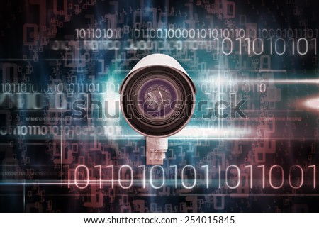 CCTV camera against blue technology design with binary code