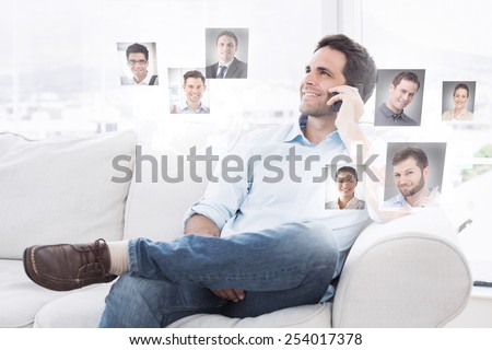 Cheerful man sitting on the couch making a phone call against profile pictures