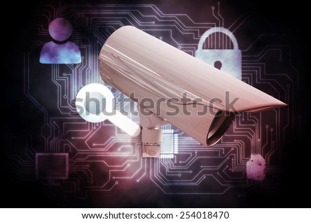 CCTV camera against computing icons on technical background
