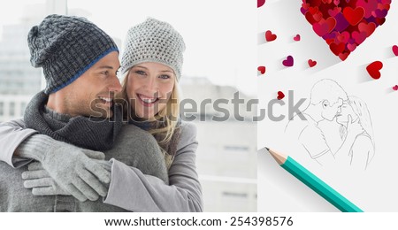 Cute couple in warm clothing hugging woman smiling at camera against sketch of kissing couple with pencil