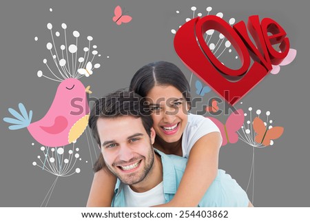 Happy casual man giving pretty girlfriend piggy back against pink bird with heart and dandelions
