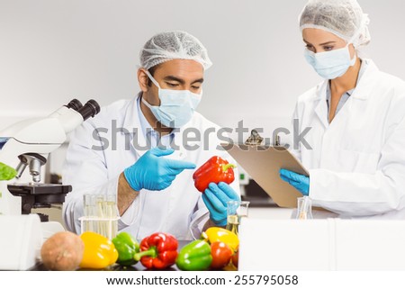 Food scientists examining a pepper at the university