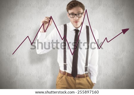 Geeky businessman writing with marker against white background