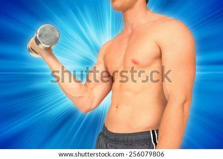 Strong man lifting dumbbell with no shirt on against abstract background