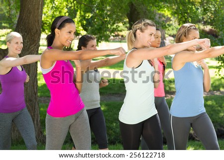 Fitness group working out in park on a sunny day
