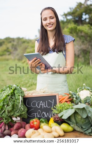 Woman selling organic vegetables at market on a sunny day