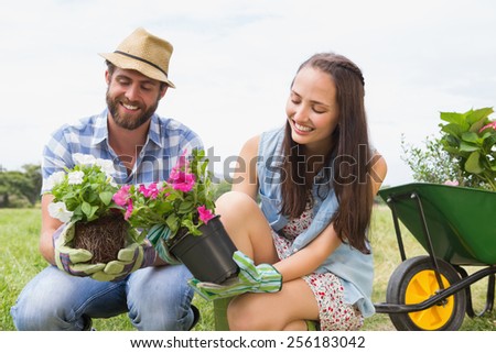Happy young couple gardening together on a sunny day