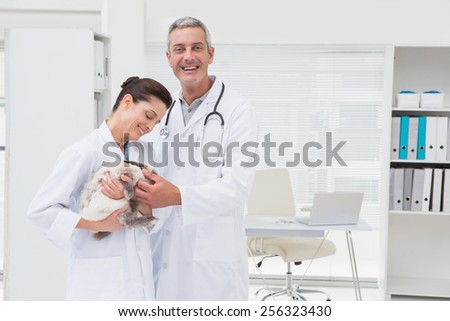 Smiling veterinarians holding cat in medical office