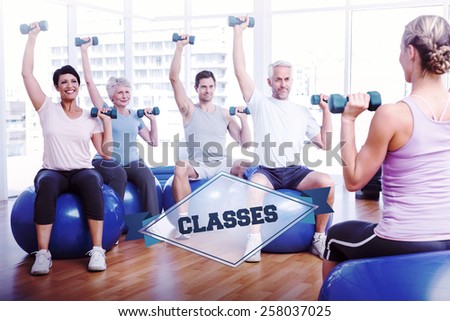 The word classes and fitness class with dumbbells sitting on exercise balls against badge