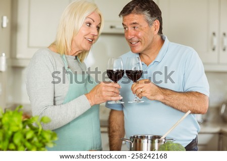 Happy mature couple making dinner together at home in the kitchen