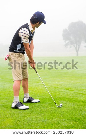 Concentrate golfer lining up his shot at the golf course