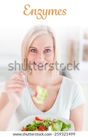 The word enzymes against cute woman offering salad