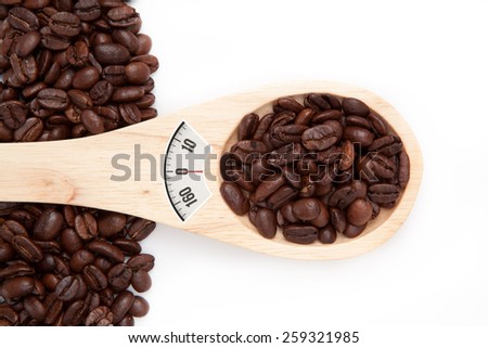 weighing scales against wooden spoon with coffee seeds