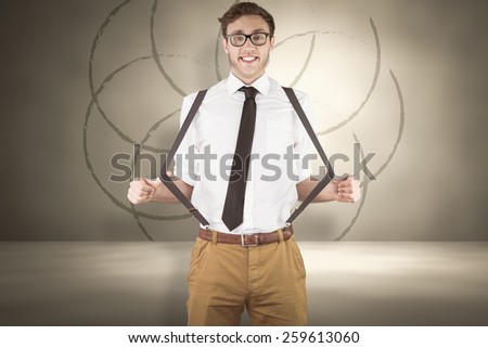 Geeky businessman pulling his suspenders against red background with vignette
