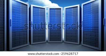 Server room against bright blue sky with clouds