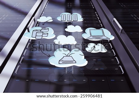Cloud computing doodle against server tower