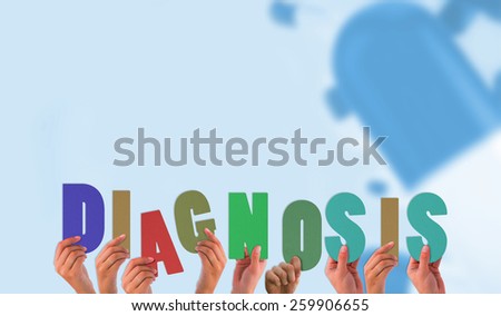 Hands holding up diagnosis against blue medical background with pills