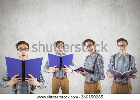Nerd with notepad against white and grey background