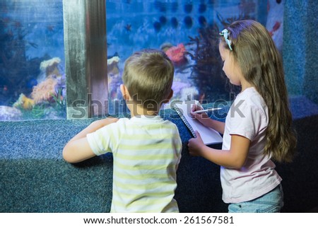 Cute siblings looking at fish tank at the aquarium