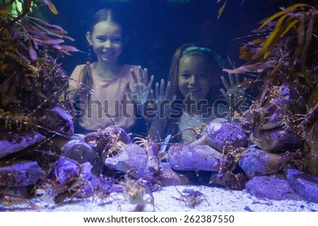 Cute girls looking at fish tank at the aquarium