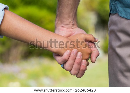 Father and son holding hands in the countryside