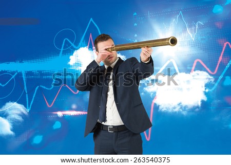 Businessman looking through telescope against sky