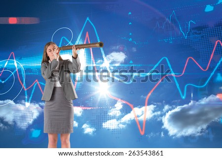 Businesswoman looking through a telescope against sky