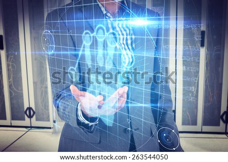 Businessman holding hand out against digital security hand print scan