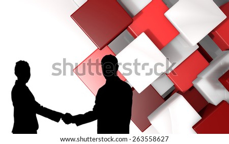 Smiling business people shaking hands while looking at the camera against abstract tile design