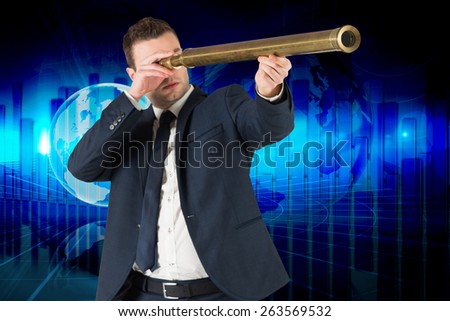 Businessman looking through telescope against global business graphic in blue