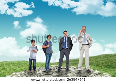 Life stages of businessman against field and sky