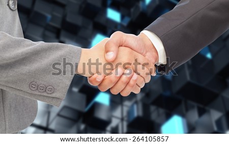 Handshake between two business people against blue and black tile design