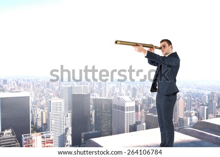 Businessman looking through telescope against high angle view of city