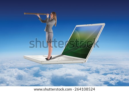 Businesswoman looking through a telescope against blue sky over clouds at high altitude
