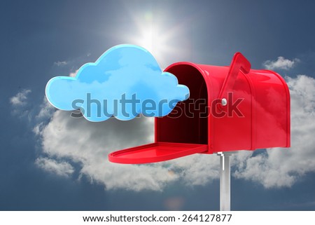 Red email postbox against blue sky with clouds and sun