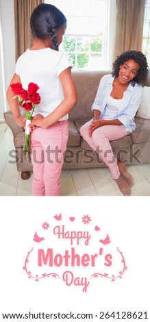 mothers day greeting against daughter hiding bouquet of roses for mother on the couch