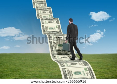 Businessman walking while holding briefcase against field and sky