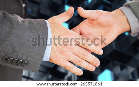 Two people going to shake their hands against blue and black tile design