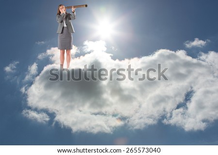 Businesswoman looking through a telescope against blue sky with clouds and sun