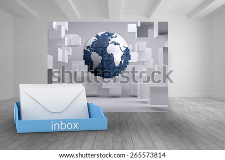 Blue inbox against white room with abstract picture of earth