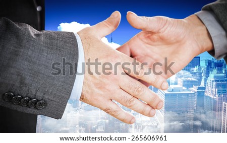 Two people going to shake their hands against new york