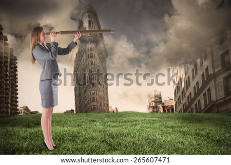 Businesswoman looking through a telescope against stormy sky over city