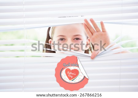 mothers day greeting against little girl peeking through blinds
