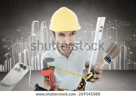 Carpenter with various equipment against hand drawn city plan