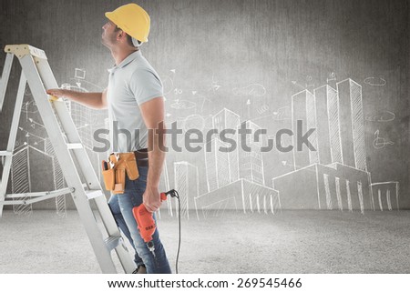 Handyman on ladder against hand drawn city plan