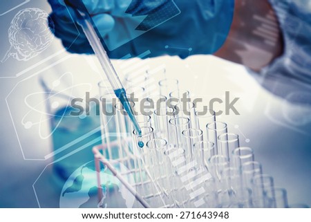 Protected hand dropping liquid in test tubes against science and medical graphic