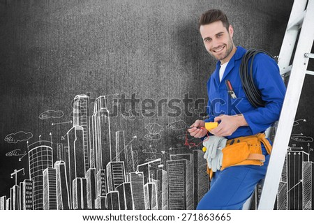 Happy construction worker leaning on ladder against hand drawn city plan